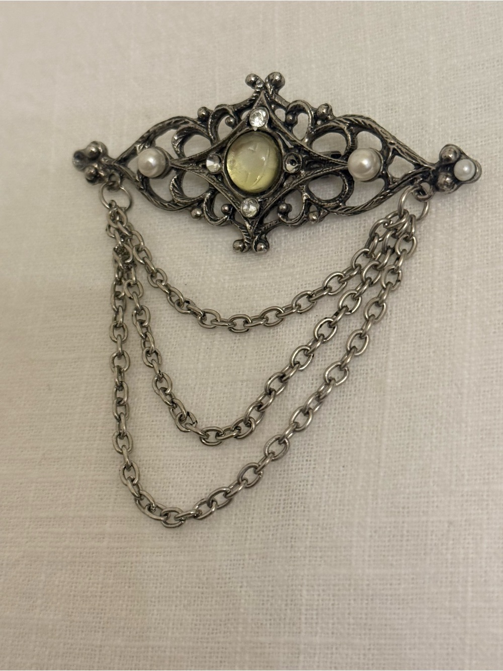 Vtg 1980s Victorian Revival Silver Filigree Brooch Pin Triple Swag Dangle Chain - Picture 5 of 10